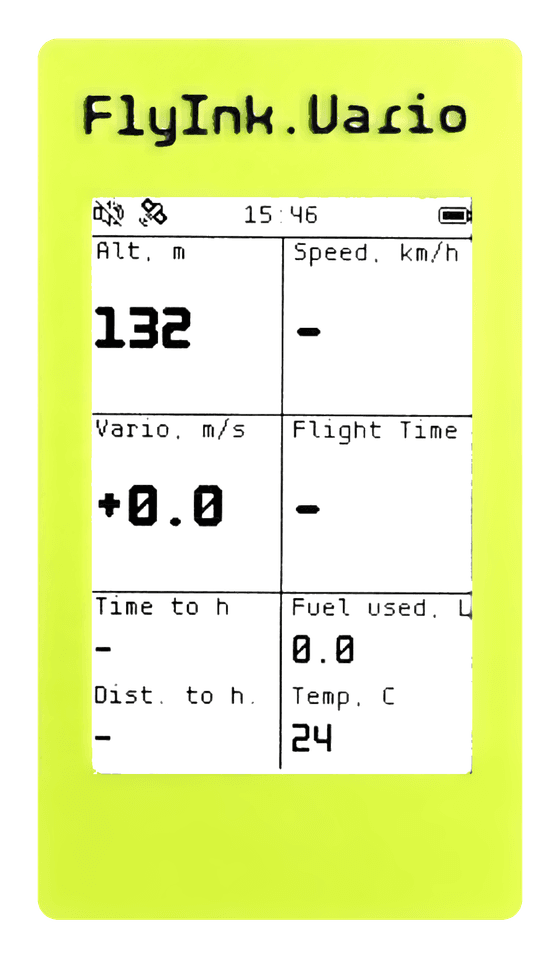 The FlyInk.Vario flight computer showing its variometer screen: altitude 132 m, vario +0.0 m/s, temperature 24 °C.