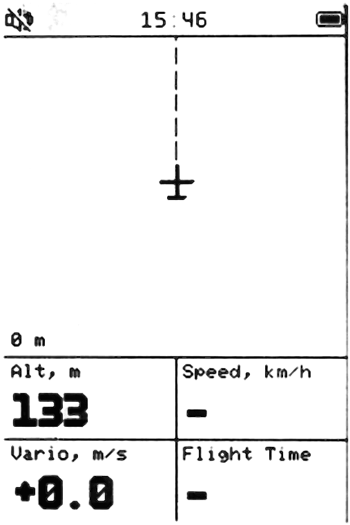 Map screen: the glider marker and track line above a live altitude and speed readout.