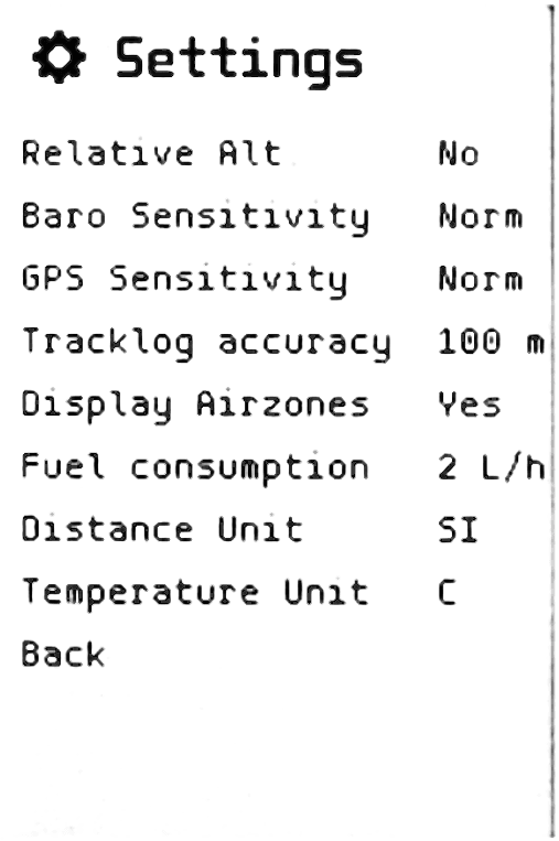 Settings screen listing relative altitude, baro and GPS sensitivity, tracklog accuracy and unit options.