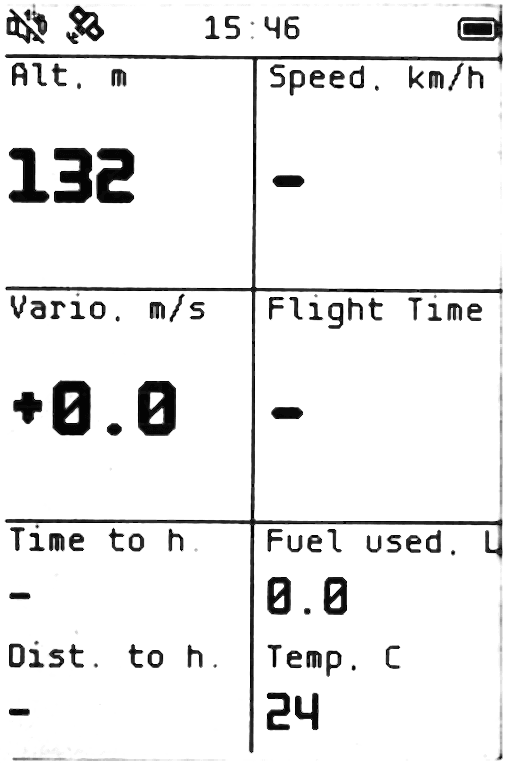 Variometer screen: altitude 132 m, vario +0.0 m/s, temperature 24 °C in an eight-cell grid.